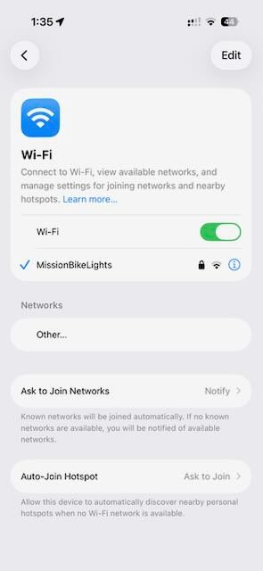 Connect to MissionBikeLights WiFi network